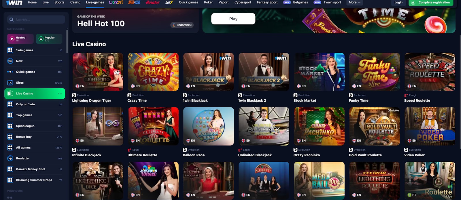 1win live casino games